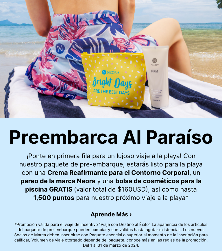 Woman laying on a beach sunbed with Neora's Firm Body Contour Cream, Neora-Branded sarong, and cosmetic bag—FREE with New Brand Partner Enrollment Pack orders.